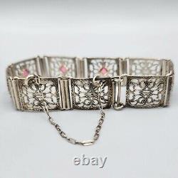 Estate Art Deco Sterling Silver Pink Glass Square Filigree Bracelet 7.25 13.9g