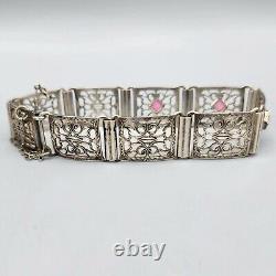 Estate Art Deco Sterling Silver Pink Glass Square Filigree Bracelet 7.25 13.9g