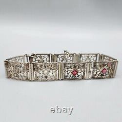 Estate Art Deco Sterling Silver Pink Glass Square Filigree Bracelet 7.25 13.9g