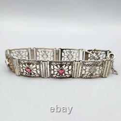Estate Art Deco Sterling Silver Pink Glass Square Filigree Bracelet 7.25 13.9g
