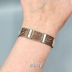 Estate Art Deco Sterling Silver Pink Glass Square Filigree Bracelet 7.25 13.9g