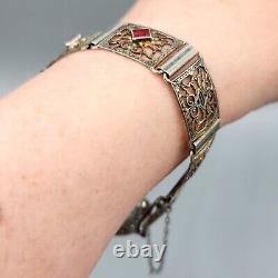 Estate Art Deco Sterling Silver Pink Glass Square Filigree Bracelet 7.25 13.9g