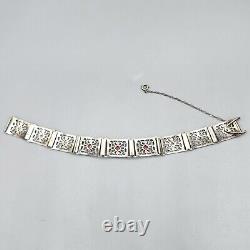 Estate Art Deco Sterling Silver Pink Glass Square Filigree Bracelet 7.25 13.9g