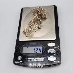 Estate Art Deco Sterling Silver Pink Glass Square Filigree Bracelet 7.25 13.9g