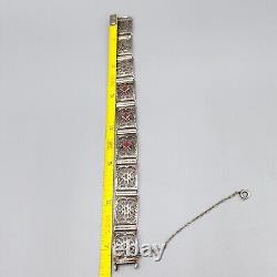 Estate Art Deco Sterling Silver Pink Glass Square Filigree Bracelet 7.25 13.9g