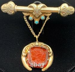 Estate Sterling Silver Vermeil Antique Victorian Cameo Glass & Turquoise Brooch