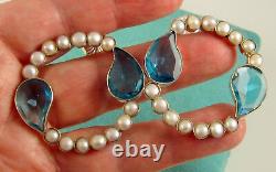 Estate Vintage Rare Sterling Silver Large Blue Art Glass Pearl Pierced Earrings
