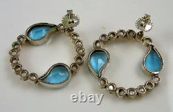 Estate Vintage Rare Sterling Silver Large Blue Art Glass Pearl Pierced Earrings