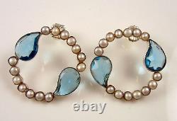 Estate Vintage Rare Sterling Silver Large Blue Art Glass Pearl Pierced Earrings