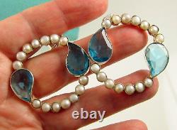 Estate Vintage Rare Sterling Silver Large Blue Art Glass Pearl Pierced Earrings