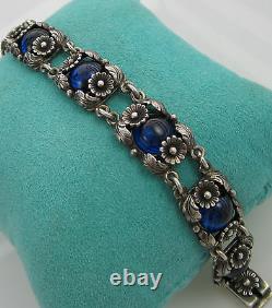 Estate Vintage Sterling Silver Blue Art Glass NIELS ERIK DENMARK Flower Bracelet