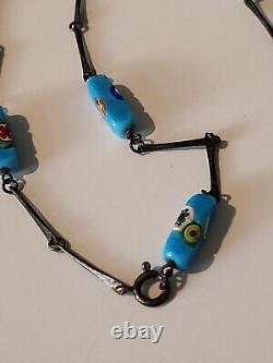 Estate Vintage Sterling Silver Millefiori Turquoise Cane Rectangle Beads 27