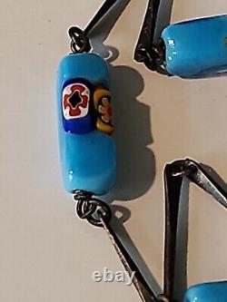 Estate Vintage Sterling Silver Millefiori Turquoise Cane Rectangle Beads 27