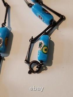 Estate Vintage Sterling Silver Millefiori Turquoise Cane Rectangle Beads 27