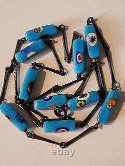 Estate Vintage Sterling Silver Millefiori Turquoise Cane Rectangle Beads 27