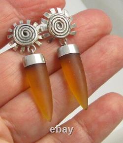 Estate Vintage Sterling Silver Sun Amber Color Beach Glass Long Pierced Earrings