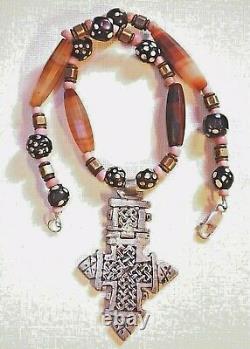 Ethiopian Coptic Christian Cross Necklace W Antique Carnelian & Venetian Beads