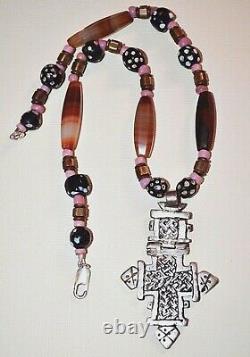Ethiopian Coptic Christian Cross Necklace W Antique Carnelian & Venetian Beads
