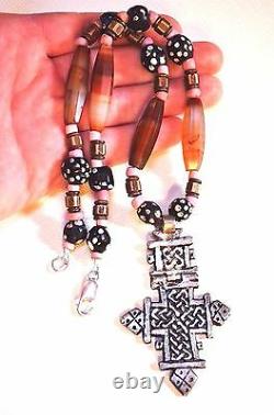 Ethiopian Coptic Christian Cross Necklace W Antique Carnelian & Venetian Beads