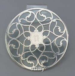 Excellent Antique Sterling Silver Overlay Glass Coaster Trivet 6 U Mono