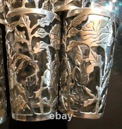 Excellent Vintage Sterling Silver And Glass Floral Lot (Set Of 6) Shot Glasses