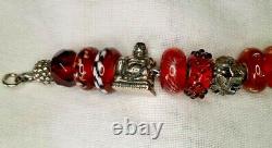 Excellent condition! TROLLBEADS Sterling & Glass Charm Bracelet-Royal Red/Amber