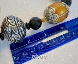 Extra Large TIBETAN AMBER & GLASS BEAD NECKLACE Sterling Silver Clasp 20.5 Long