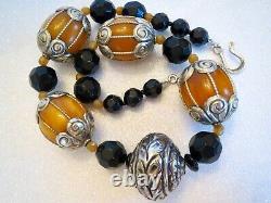 Extra Large TIBETAN AMBER & GLASS BEAD NECKLACE Sterling Silver Clasp 20.5 Long