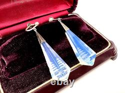 Extraordinary Art Deco Sterling Silver Earrings Opalescent Blue Carved Glass Lng