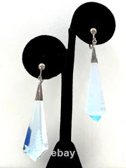 Extraordinary Art Deco Sterling Silver Earrings Opalescent Blue Carved Glass Lng