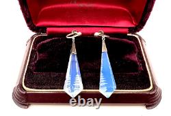 Extraordinary Art Deco Sterling Silver Earrings Opalescent Blue Carved Glass Lng