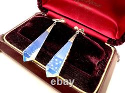 Extraordinary Art Deco Sterling Silver Earrings Opalescent Blue Carved Glass Lng