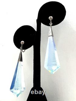 Extraordinary Art Deco Sterling Silver Earrings Opalescent Blue Carved Glass Lng