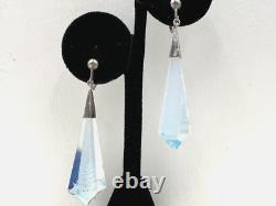 Extraordinary Art Deco Sterling Silver Earrings Opalescent Blue Carved Glass Lng
