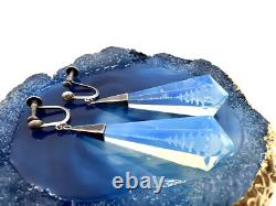 Extraordinary Art Deco Sterling Silver Earrings Opalescent Blue Carved Glass Lng