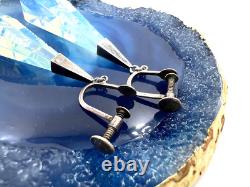 Extraordinary Art Deco Sterling Silver Earrings Opalescent Blue Carved Glass Lng