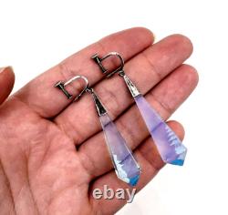 Extraordinary Art Deco Sterling Silver Earrings Opalescent Blue Carved Glass Lng