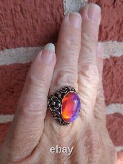 FIREY VINTAGE ART NOUVEAU STERLING FLORAL VIOLET DRAGONS BREATH CAB RING sz6