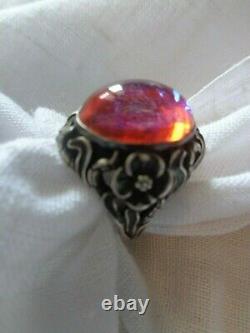 FIREY VINTAGE ART NOUVEAU STERLING FLORAL VIOLET DRAGONS BREATH CAB RING sz6