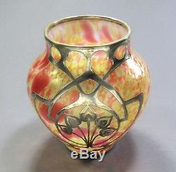 FRITZ HECKERT Art Glass MORMOPAL Vase Sterling Silver Overlay ca. 1902 Loetz Era