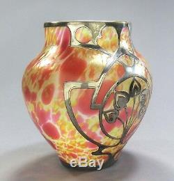 FRITZ HECKERT Art Glass MORMOPAL Vase Sterling Silver Overlay ca. 1902 Loetz Era