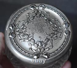 Fab Abp Cut Glass Vanity Jar Three Dimensional Sterling Silver Floral Ribbon LID