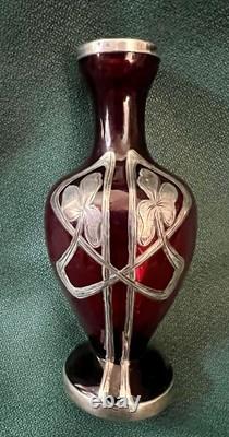 Fabulous Miniature 4 Ruby Red Glass Sterling Silver Overlay Vtg Nouveau Vase