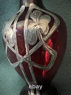 Fabulous Miniature 4 Ruby Red Glass Sterling Silver Overlay Vtg Nouveau Vase