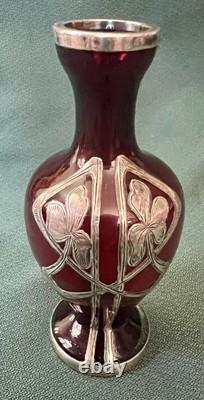 Fabulous Miniature 4 Ruby Red Glass Sterling Silver Overlay Vtg Nouveau Vase
