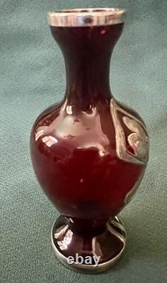 Fabulous Miniature 4 Ruby Red Glass Sterling Silver Overlay Vtg Nouveau Vase
