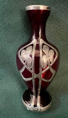 Fabulous Miniature 4 Ruby Red Glass Sterling Silver Overlay Vtg Nouveau Vase