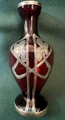 Fabulous Miniature 4 Ruby Red Glass Sterling Silver Overlay Vtg Nouveau Vase