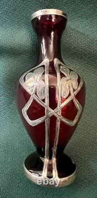 Fabulous Miniature 4 Ruby Red Glass Sterling Silver Overlay Vtg Nouveau Vase