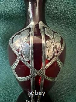 Fabulous Miniature 4 Ruby Red Glass Sterling Silver Overlay Vtg Nouveau Vase